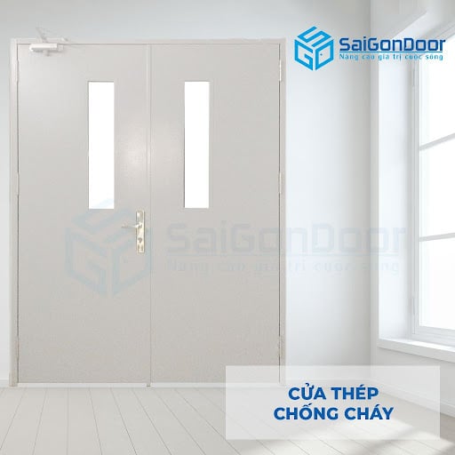 Mẫu cửa thép chống cháy chung cư 2 ô kính 1 tay co thủy lực - Thiết kế hiện đại kết hợp với tính năng an toàn và tiện ích