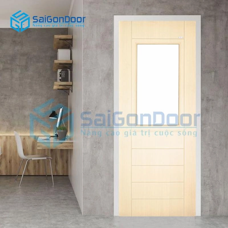 Mẫu cửa nhựa Hàn Quốc có ô kính trang trí