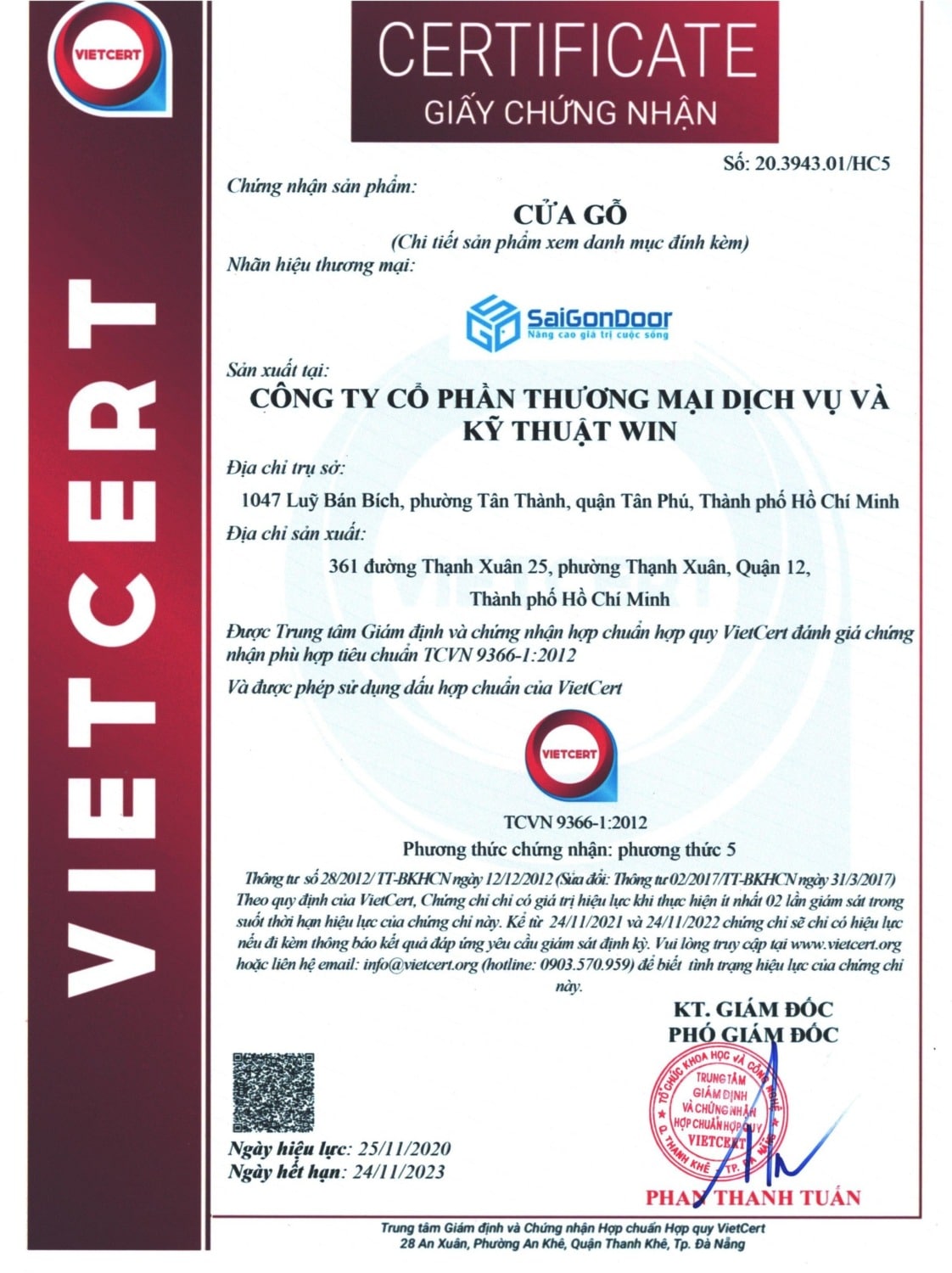 Giấy chứng nhận vietcert cửa gỗ