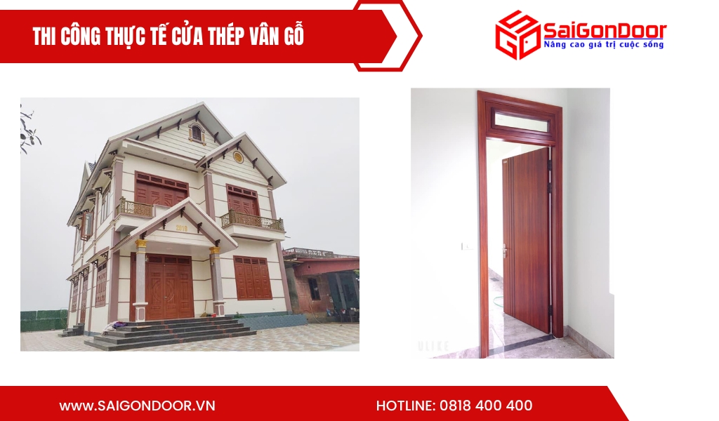 Hình ảnh thi công thực tế cửa thép vân gỗ tại Long An Hình ảnh thi công thực tế cửa thép vân gỗ