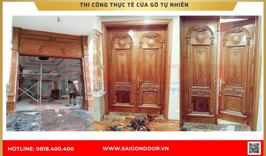 Hình ảnh thi công thực tế về cửa gỗ tự nhiên Hậu Giang