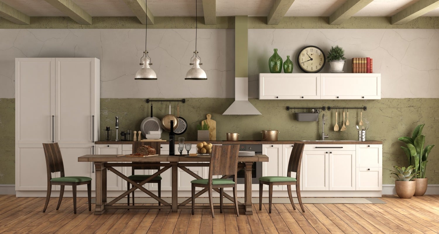 retro style kitchen with wooden dining table 1
