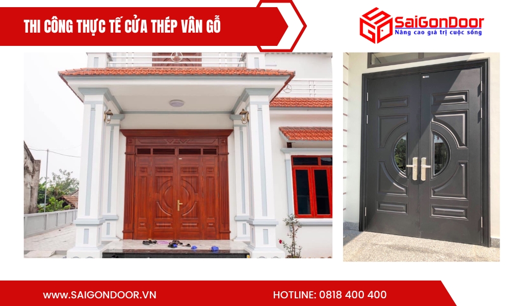 Hình ảnh thi công thực tế cửa thép vân gỗ