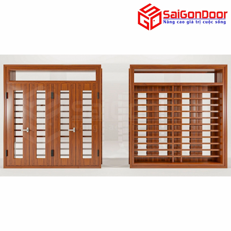mẫu cửa nhôm vân gỗ 4 cánh
