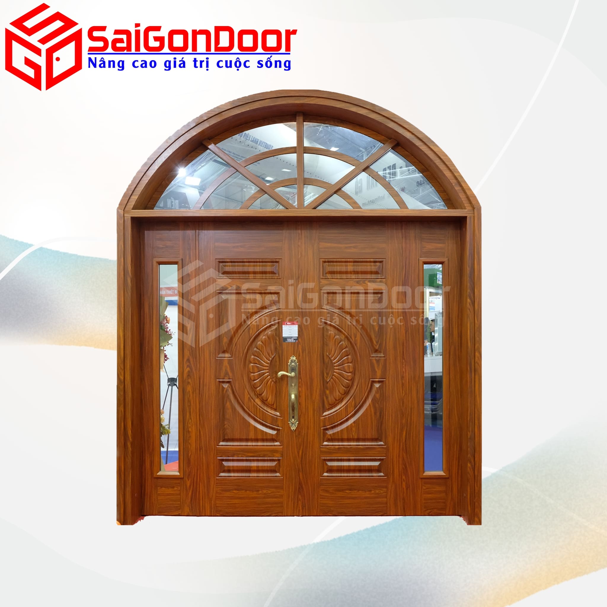 Cửa Thép Vòm 2 Cánh Giả Vân Gỗ Sang Trọng