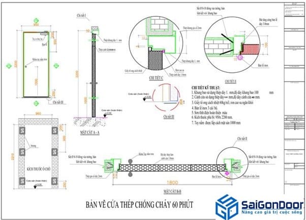 Bản vẽ thiết kế cửa thép cháy 60 phút bằng thép