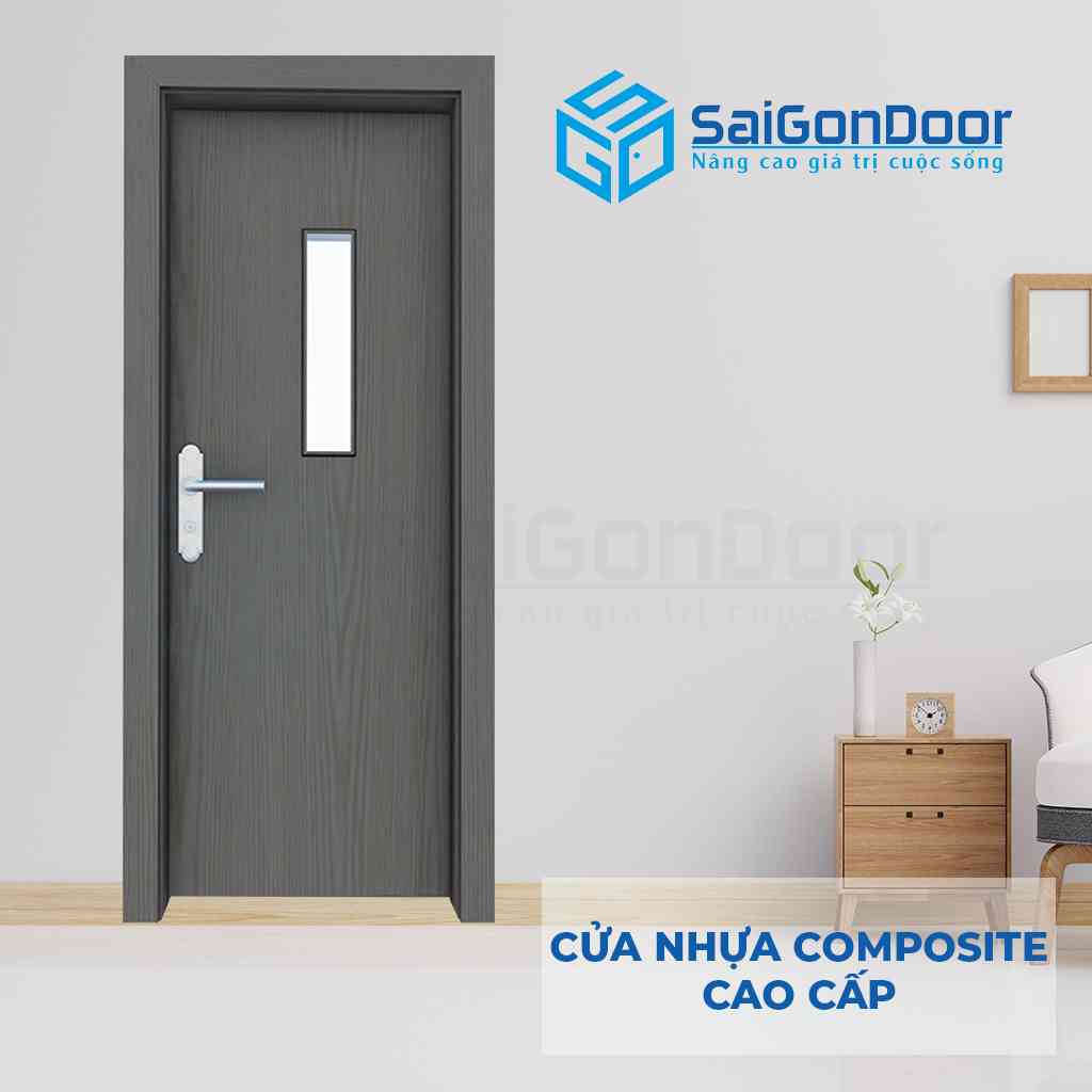 Mẫu 3: cửa nhựa gỗ Composite xám ô kính