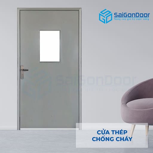 Mẫu cửa thép chống cháy 1 cánh có ô kính thoát hiểm