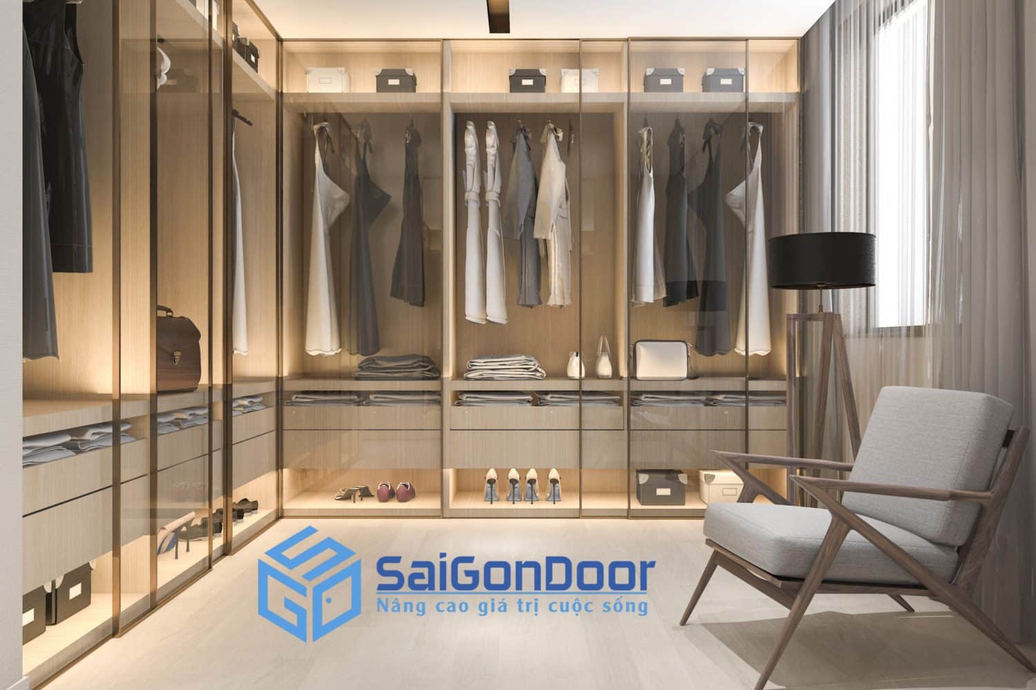 3d rendering minimal scandinavian wood walk closet with wardrobe 1 scaled