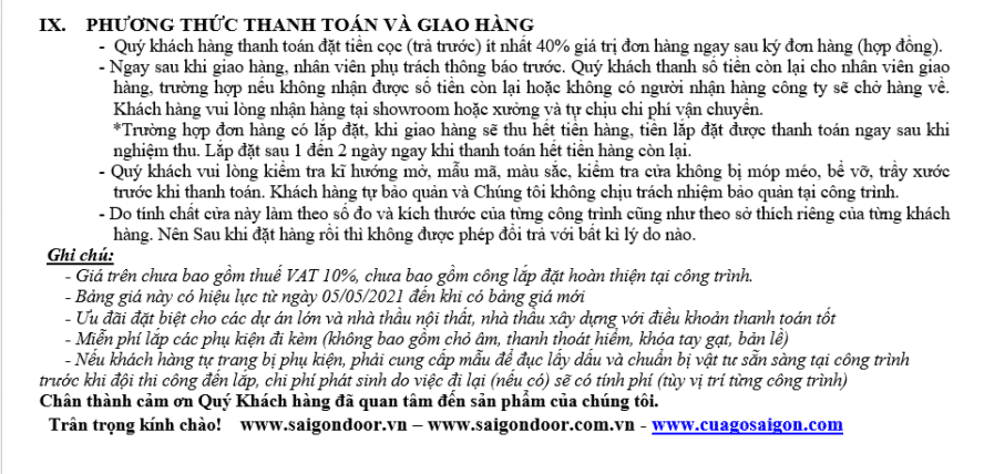 Phương thức thanh toán và giao nhận hàng của SaiGonDoor