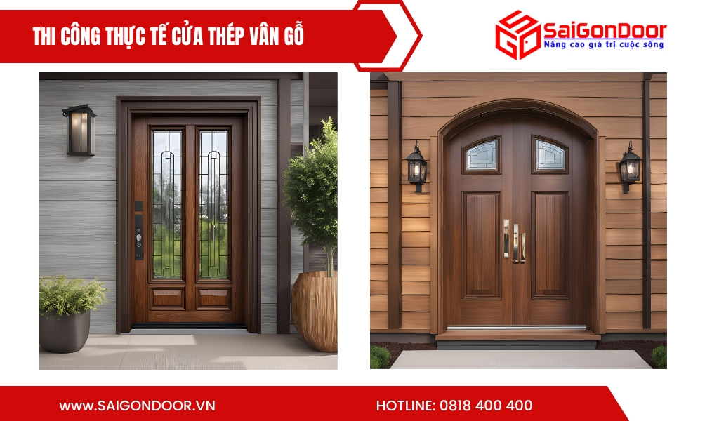 Hình ảnh thi công thực tế cửa thép vân gỗ