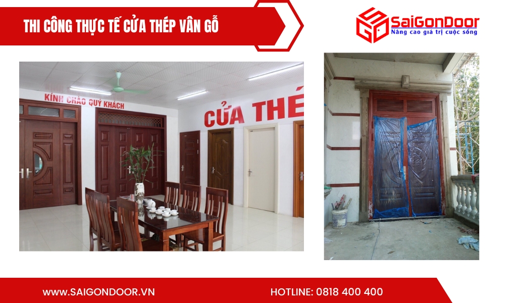 Hình ảnh thi công thực tế cửa thép vân gỗ