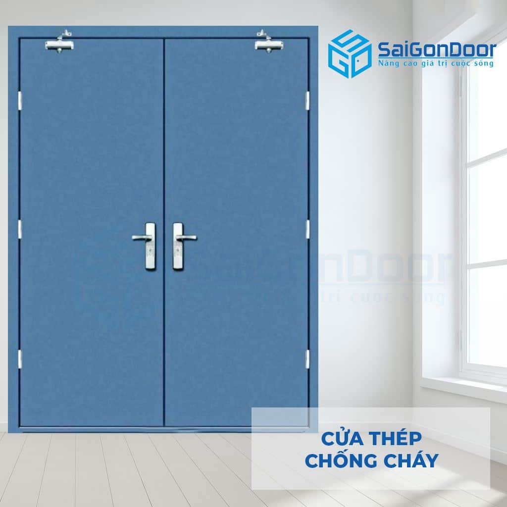 Mẫu cửa thép chống cháy 2P tay co thủy lực