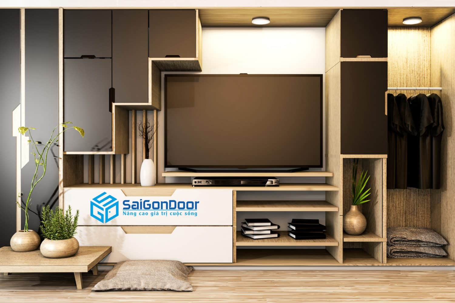 cabinet tv mix wardrobe shelf wooden japanese style decoration plants shelf 3d rendering scaled