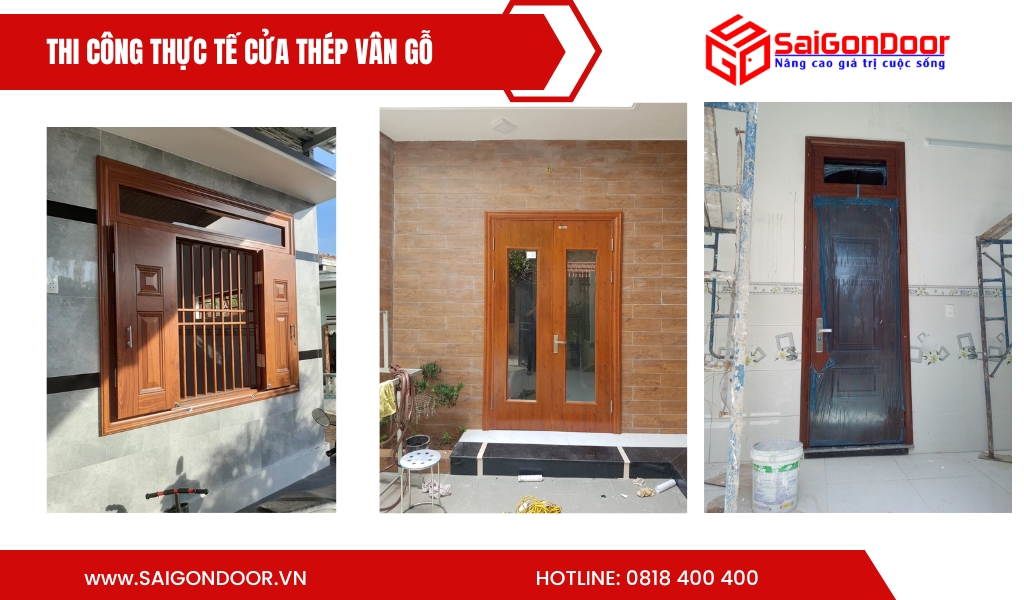 Hình ảnh thi công thực tế cửa thép vân gỗ