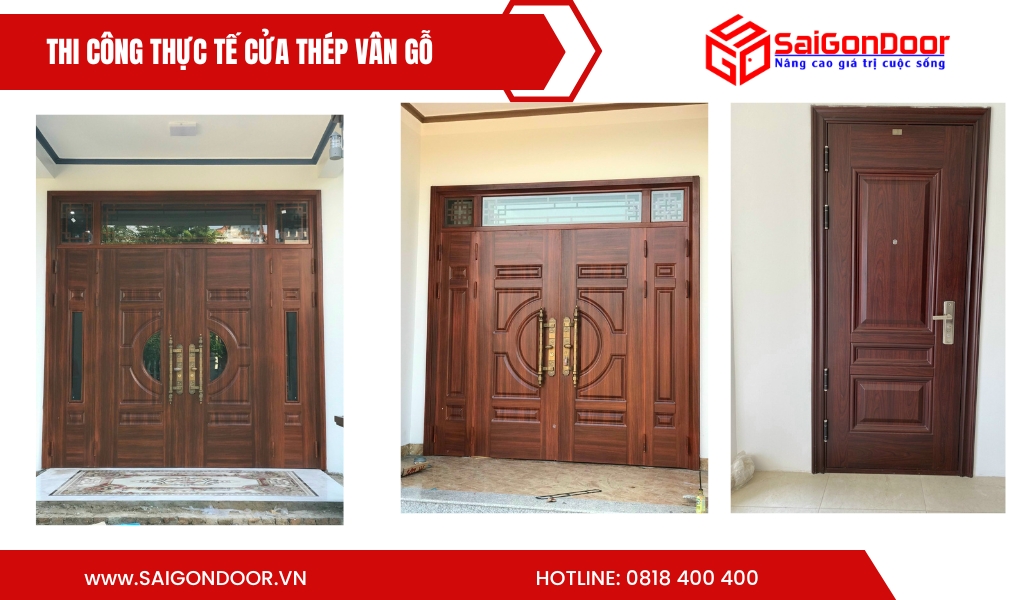 Hình ảnh thi công thực tế cửa thép vân gỗ