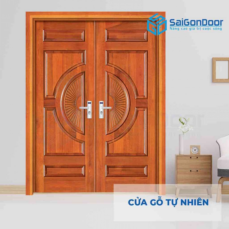 Cửa gỗ tự nhiên GTN 2 cánh gỗ đỏ