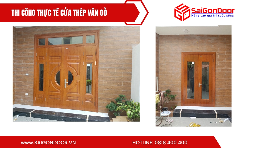 Hình ảnh thi công thực tế cửa thép vân gỗ