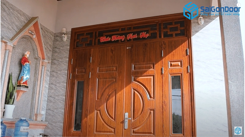 Cửa thép chống cháy vân gỗ 4 cánh cho cửa chính