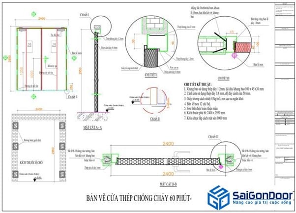 Bản vẽ thiết kế cửa thép cháy 60 phút bằng thép