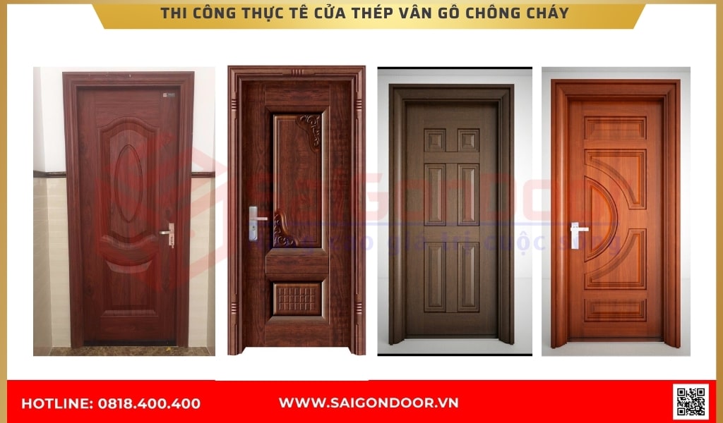 Thi công thực tế cửa thép vân gỗ chống cháy