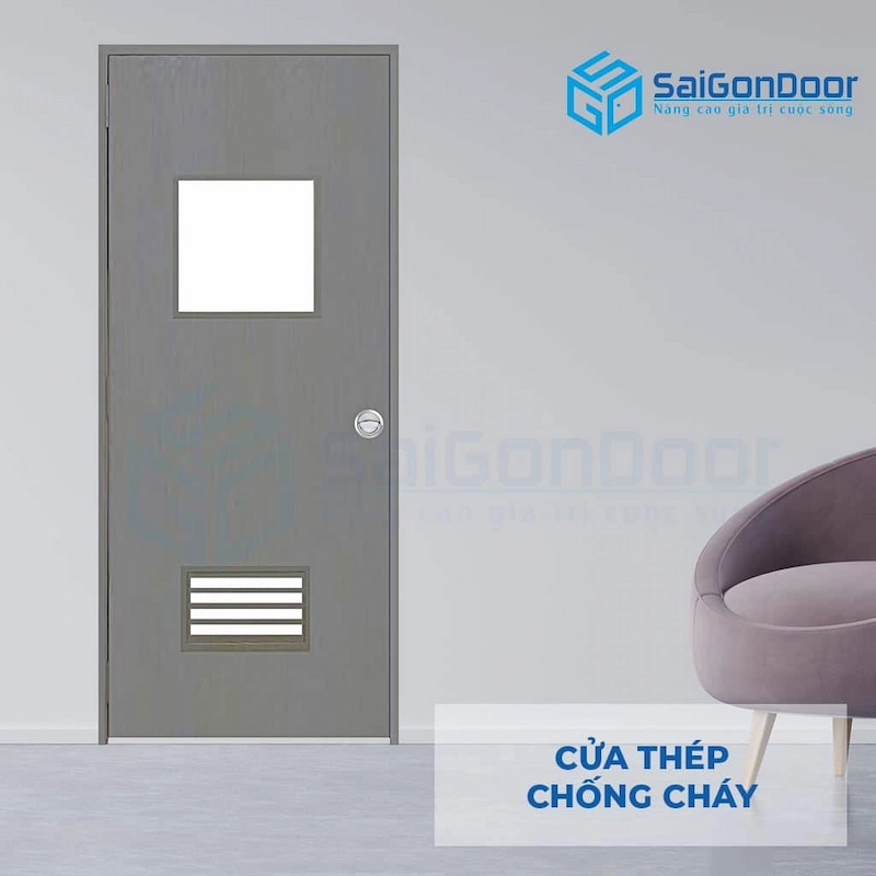 Mẫu cửa thép chống cháy vân gỗ có ô thoáng
