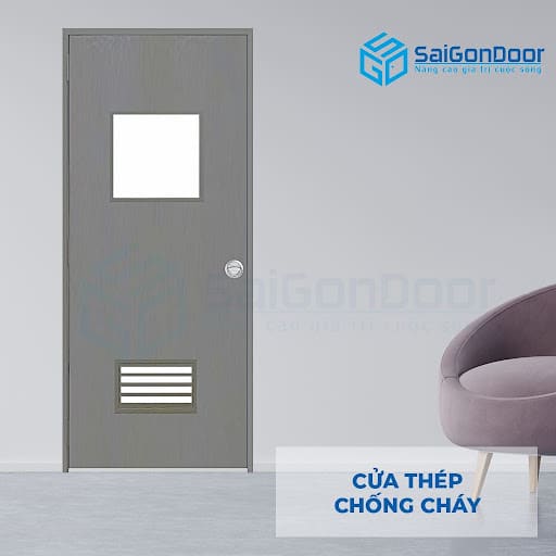 Mẫu cửa thép chống cháy 1 cánh có ô kính thoát hiểm cho chung cư