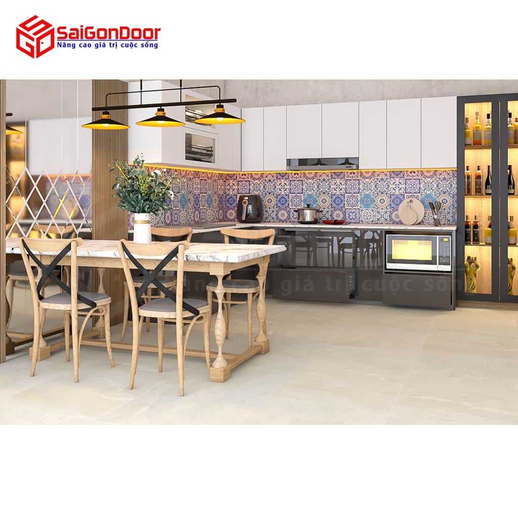 Nội thất nhà bếp chữ L kết hợp tủ rượu và quầy Bar