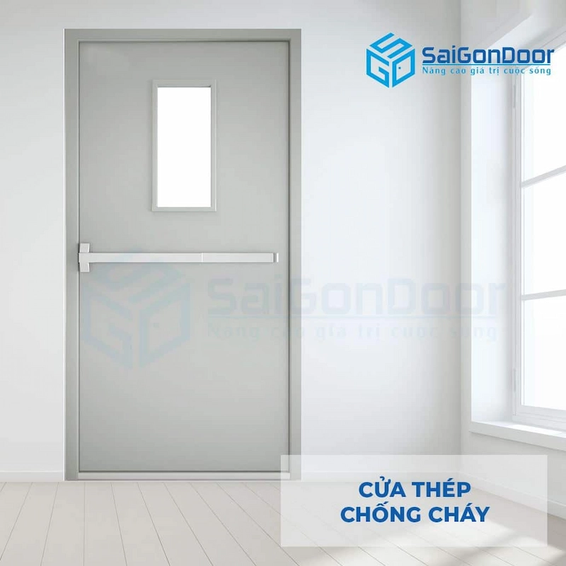 Cửa thép chống cháy TCC - Cửa thép chống cháy 1 cánh ô kính thanh thoát hiểm