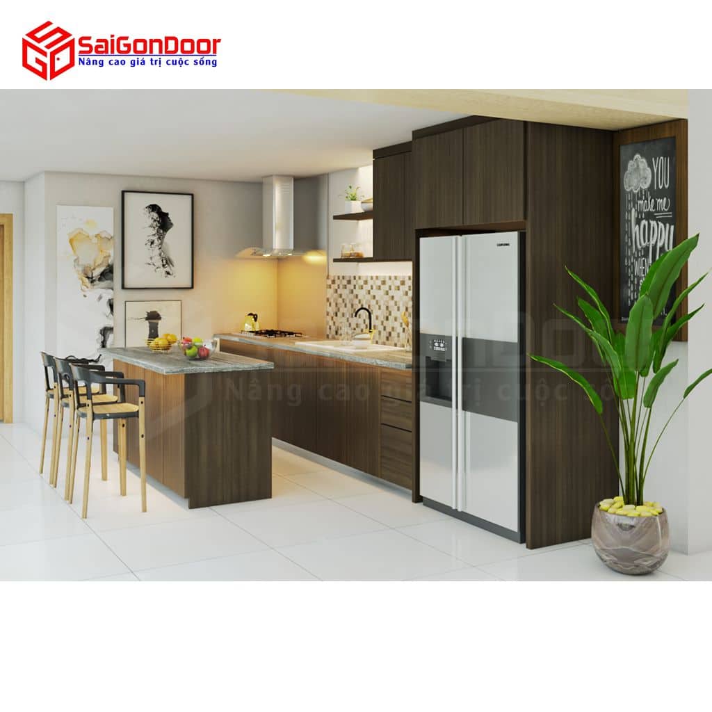 Nội thất nhà bếp chữ I Full trần kết hợp bàn ăn