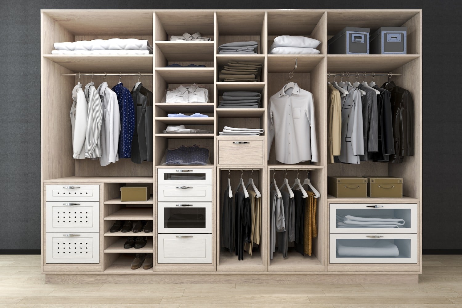 3d rendering minimal scandinavian walk closet with wood wardrobe 1