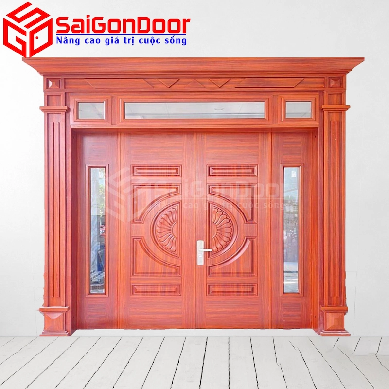 Cửa thép vân gỗ 4 cánh lệch