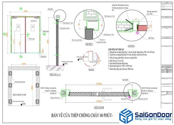 Bản vẽ thiết kế cửa thép cháy 60 phút bằng thép