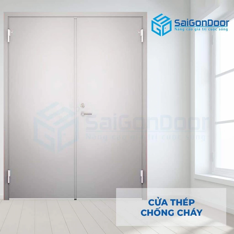 Cửa thép chống cháy TCC 2P 2 tay nắm cửa
