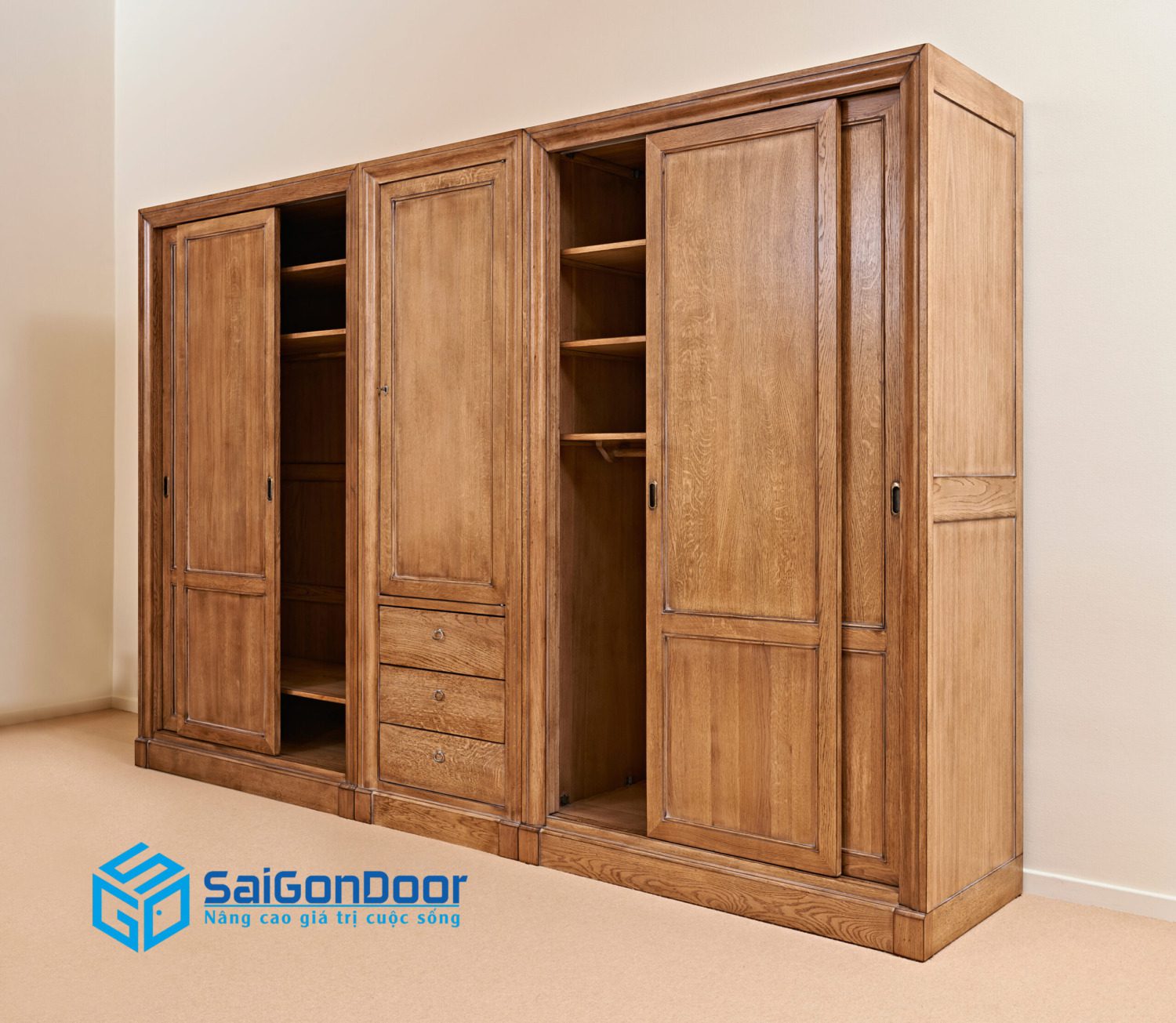 opened classical wooden wardrobe against textured wall scaled