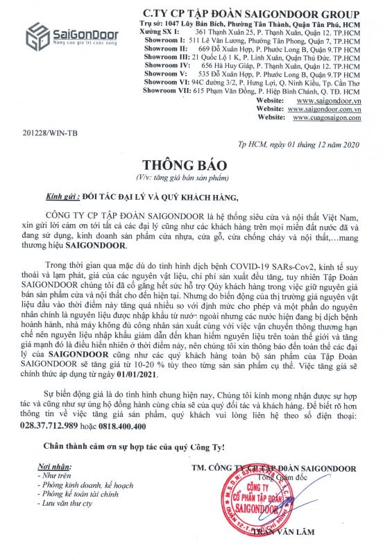 THÔNG BÁO TĂNG GIÁ BÁN CỬA GỖ, CỬA NHỰA, CỬA CHỐNG CHÁY NĂM 2021