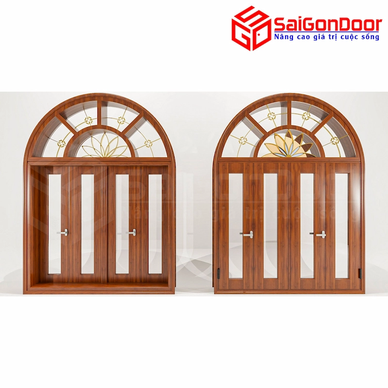 mẫu cửa nhôm kính 4 cánh vân gỗ