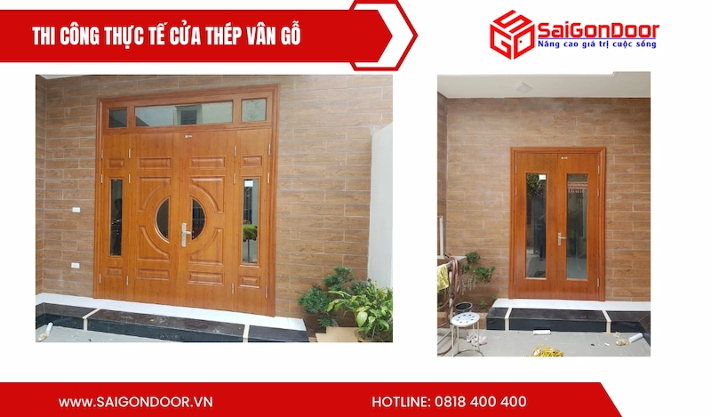 Thi công thực tế cửa thép vân gỗ