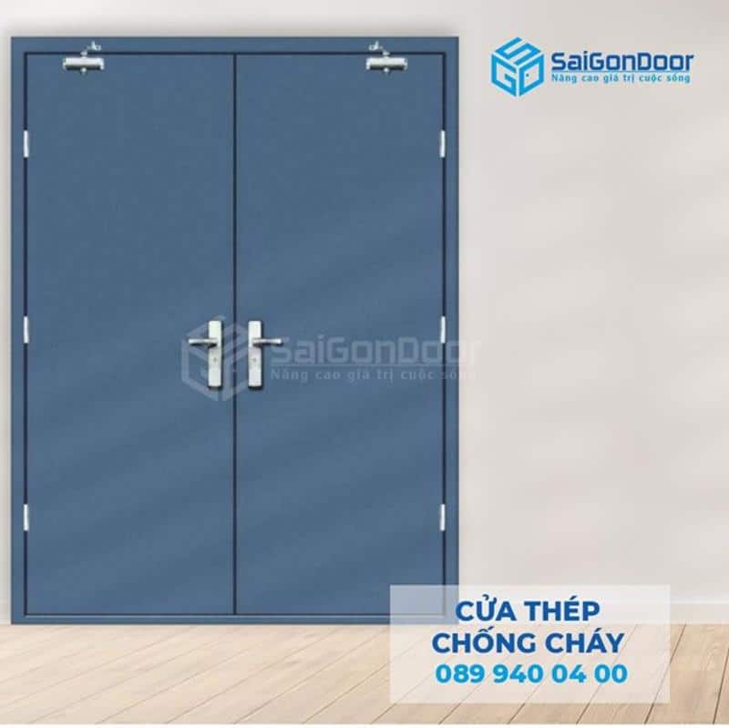 Cửa thép chống cháy 2 cánh xanh cực bền