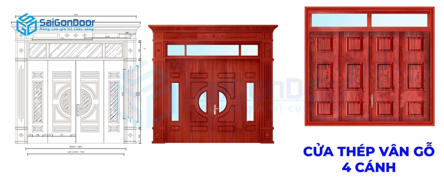 Cửa thép vân gỗ ngăn cháy 4 cánh cao cấp cách âm