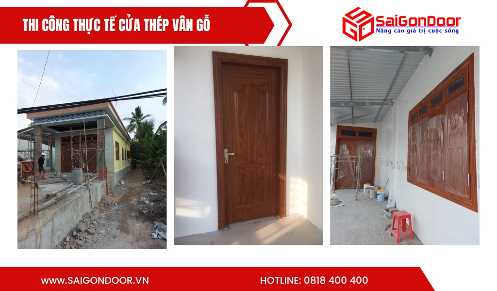 Hình ảnh thi công thực tế cửa thép vân gỗ