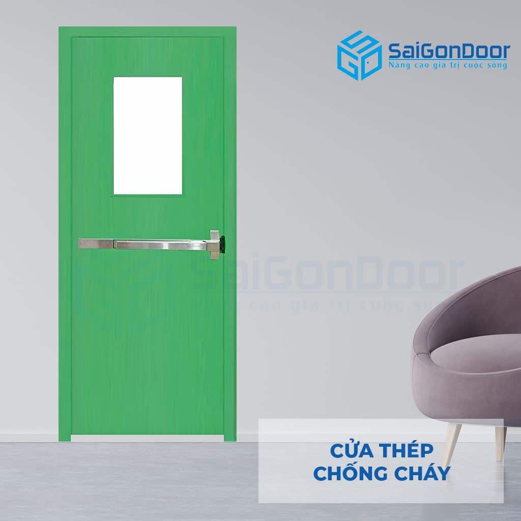 Cửa thép ngăn cháy P1G1 xanh thoát hiểm SGD