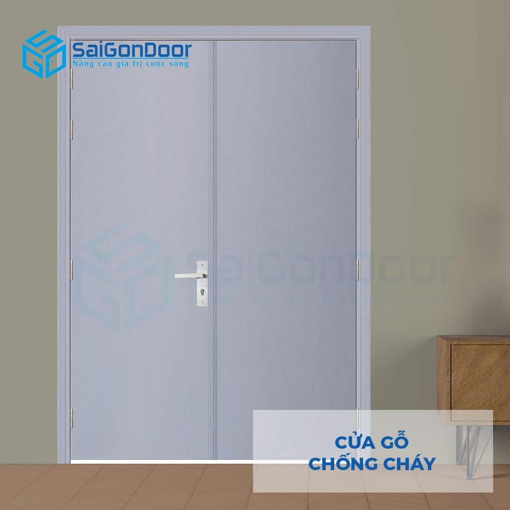 Mẫu cửa gỗ chống cháy 2P sơn xám trắng