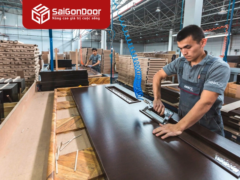 Hoàn thiện rồi kiểm tra chất lượng và đóng gói cửa gỗ công nghiệp