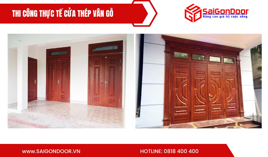 Hình ảnh thi công thực tế cửa thép vân gỗ