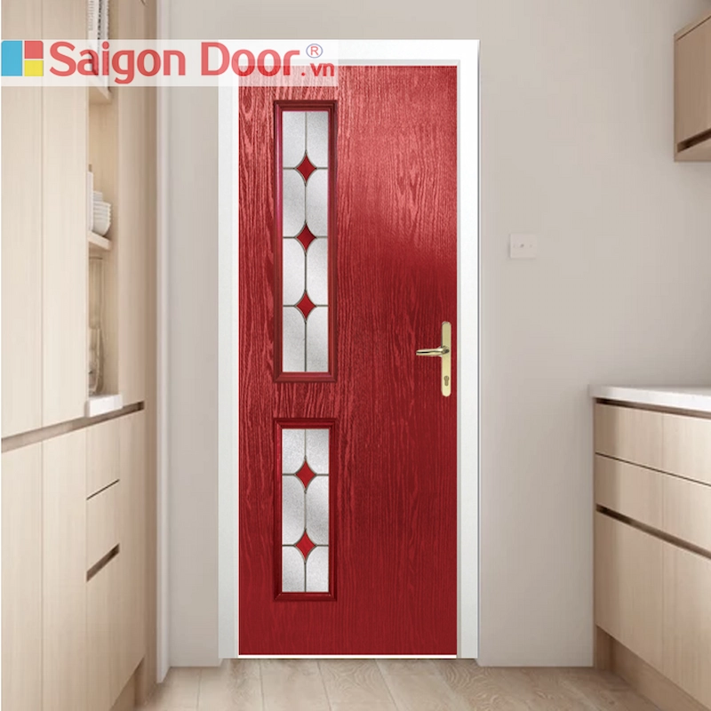 Mẫu cửa composite có ô kính trang trí