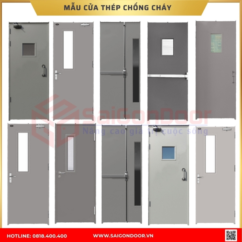 Cửa thép chống cháy với tấm kính và thanh thoát hiểm 