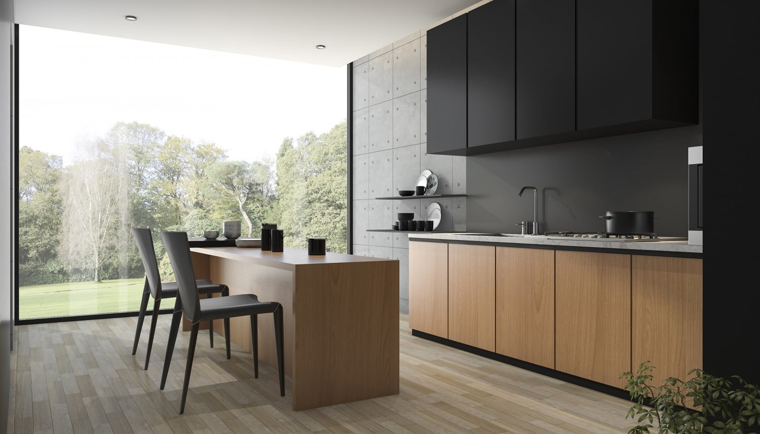 3d rendering modern black kitchen with wood built