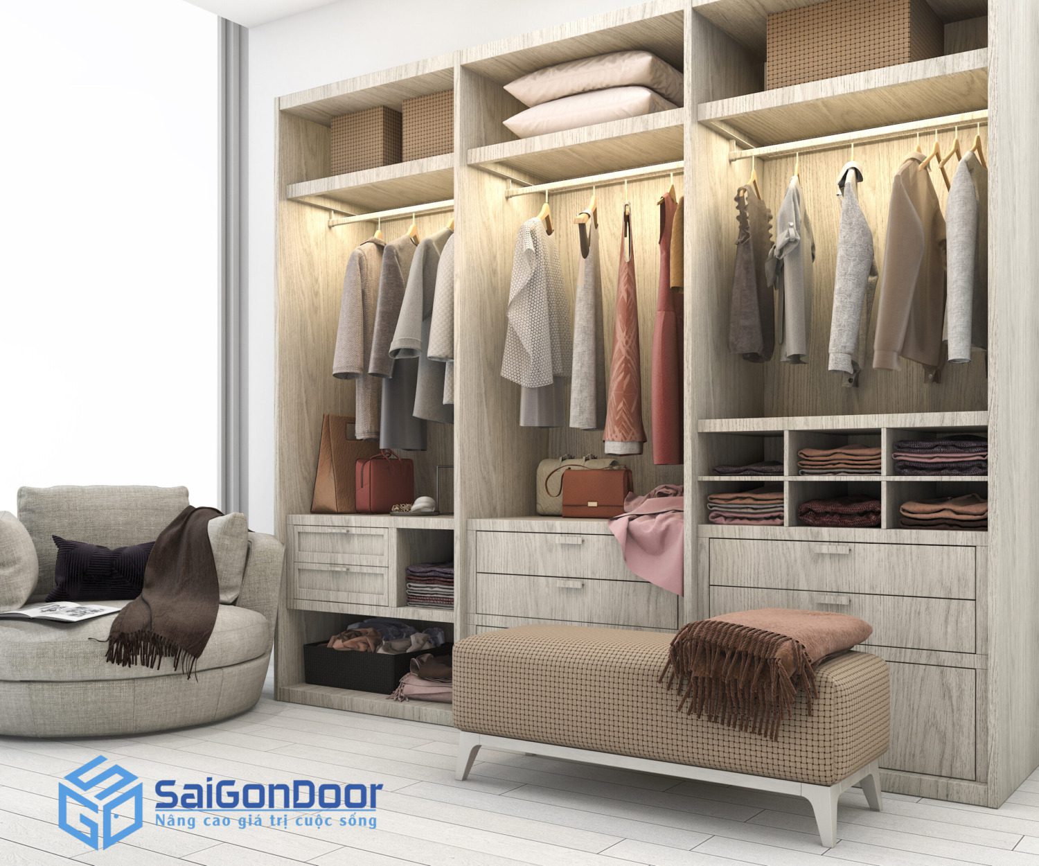 3d rendering minimal scandinavian wood walk closet with wardrobe scaled