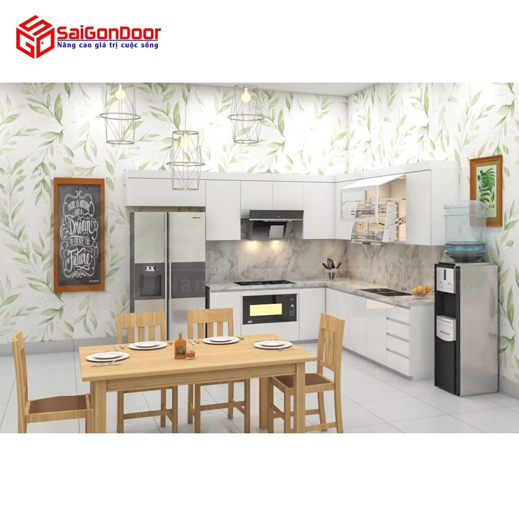 Nội thất nhà bếp chữ L Full tầng kết hợp bàn ăn
